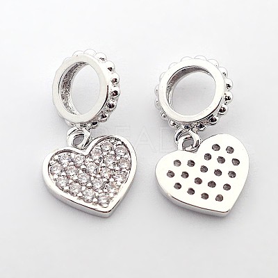 Brass Micro Pave Cubic Zirconia Large Hole European Dangle Heart Charms ZIRC-N009-01M-1