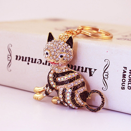 Fashion Rhinestones Enamel Sitting Cat Pendant Keychain ANIM-PW0001-022B-1