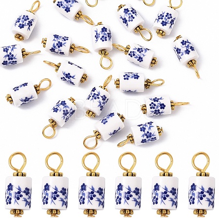 20Pcs Blue & White Floral Printed Porcelain Pendants PALLOY-YW00112-03-1