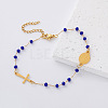304 Stainless Steel Oval Religion Cross Link Resin Beaded Anklets for Women AH5734-4-1