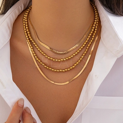 4Pcs 4 Styles CCB Plastic Round Beaded Necklaces and Iron Snake Chain Necklaces NJEW-V003-07G-1