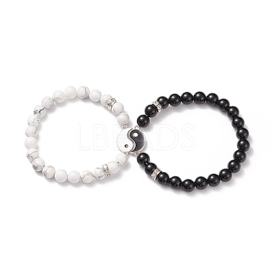 2Pcs 2 Style Natural Dyed & Heated Black Agate & Howlite Beaded Stretch Bracelets Set BJEW-TA00163-1