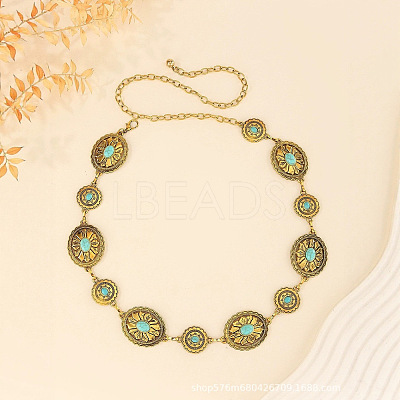Oval Flower Alloy with Dyed Synthetic Turquoise Link Chain Waist Belly Chains for Women FS-WG9F428-01-1