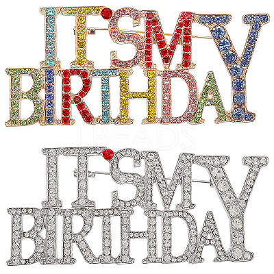 2Pcs 2 Styles It's My Birthday Alloy Rhinestone Brooches for Backpack Clothes JEWB-GF0011-51A-1