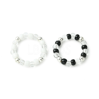 2Pcs 2 Color Acrylic & Glass Seed Beaded Stretch Rings Set for Women RJEW-JR00593-1