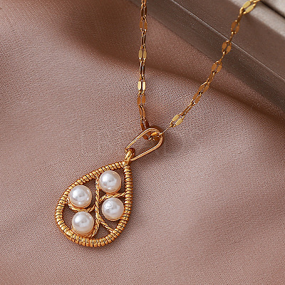 Vintage European 304 Stainless Steel & Imitation Pearl Teardrop Pendant Necklaces for Women NU2800-1