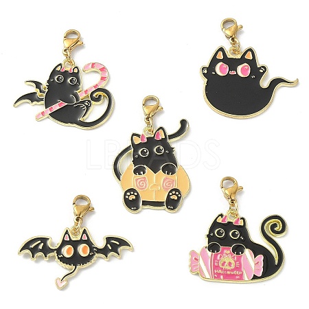 Halloween Theme Cat Alloy Enamel Pendant Decorations HJEW-JM01135-1