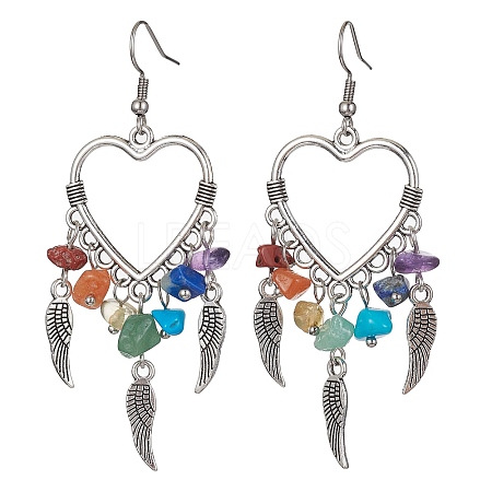 Alloy Heart & Feathter Woven Net Chandelier Earrings EJEW-JE05423-1