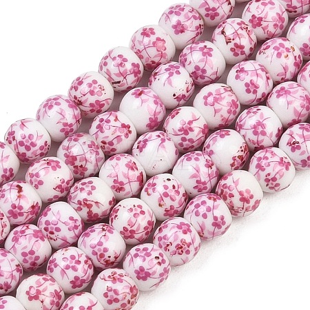 Handmade Flower Printed Porcelain Ceramic Beads Strands X-PORC-M005-6mm-03-1