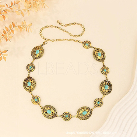 Oval Flower Alloy with Dyed Synthetic Turquoise Link Chain Waist Belly Chains for Women FS-WG9F428-01-1
