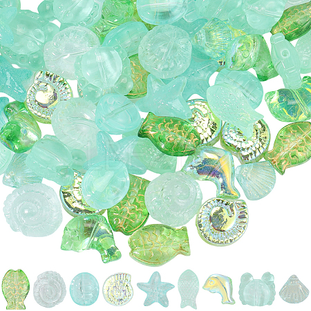 90Pcs 9 Styles Transparent Spray Painted Glass Beads GLAA-BM0001-02B-1