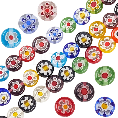 3 Strands Flat Round Handmade Millefiori Glass Beads Strands LAMP-LT0001-15A-1