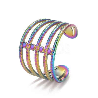 Rainbow Color Ion Plating(IP) 304 Stainless Steel Chunky Open Cuff Ring for Women RJEW-A005-35MC-1