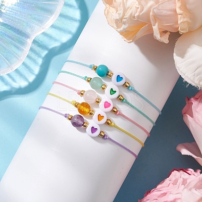 6mm Round Gemstone & Acrylic Enamel Heart Braided Bead Bracelets for Women BJEW-JB10773-1