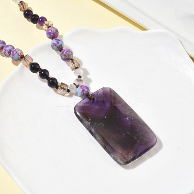 Natural Amethyst Rectangle Pendant Glass Beaded Long Necklaces GG-CBAE048-02A-1