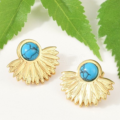 Fan 304 Stainless Steel Synthetic Turquoise Stud Earrings for Women EJEW-U046-17B-G-1