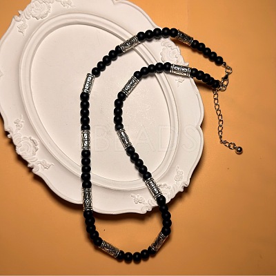 Vintage Frosted 6MM Natural Black Onyx(Dyed & Heated) Round Beaded Necklaces with Alloy Tube for Men KE3601-1