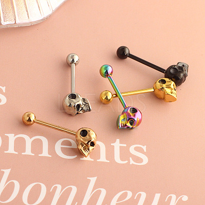 Skull 304 Stainless Steel Straight Barbell 15 Gauge Piercing Tongue Rings for Women Men FS-WG07D05-05-1