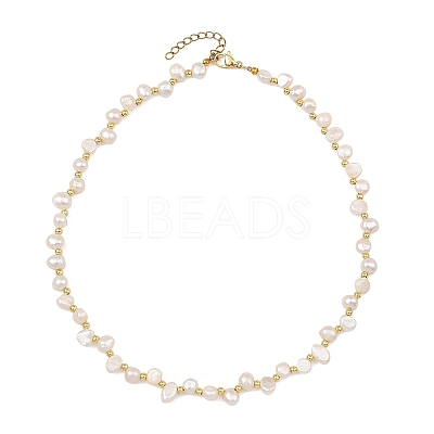 Natural Pearl Two Sides Polished and Round Brass Beaded Necklaces NJEW-JN06323-1