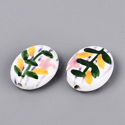 Hand Painted Tulip Flower Oval Porcelain Beads PORC-N012-11E-1
