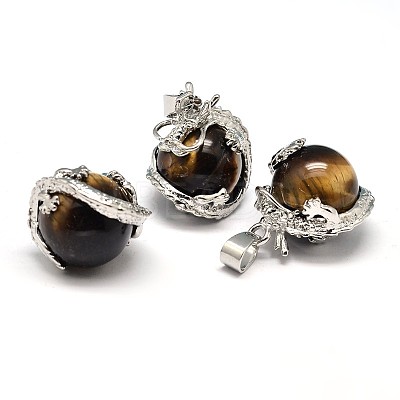 Dragon Platinum Plated Brass Natural Tiger Eye Pendants G-F228-04A-RS-1