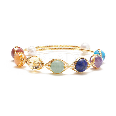 Mixed Stone & Natural Pearl Beads Wire Wrapped Cuff Bangle BJEW-JB07507-1