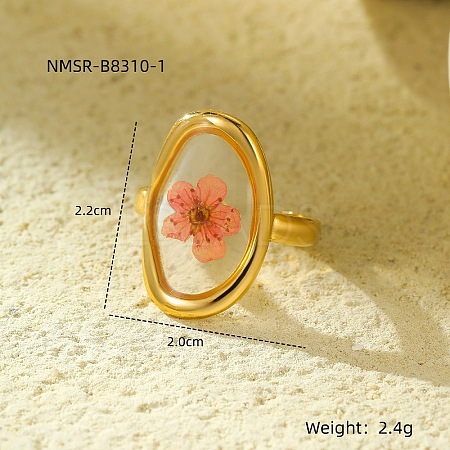 Preserved Flowers 304 Stainless Steel and Epoxy Resin Open Cuff Rings for Women FS-WGCF311-10-1