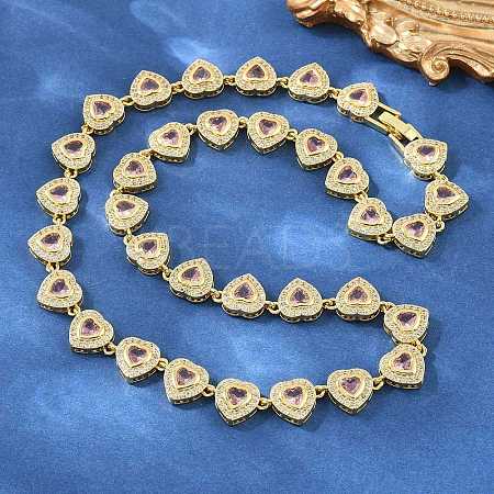 Brass Pave Pink Cubic Zirconia Heart Tennis Necklaces KK-CBA4547-17B-G-1