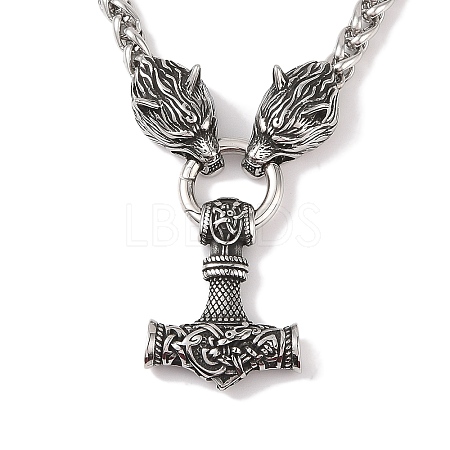 304 Stainless Steel Wolf Head King Wheat Chain Viking Mjolnir Thor Hammer Pendant Necklaces for Men NJEW-K278-12AS-1