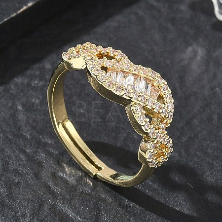 Adjustable Brass & Clear Cubic Zirconia Finger Rings with Interwoven Design CU-CBA7E55-06G-1