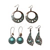 3 Pairs 3 Style Donut & Flat Round & Feather Alloy Dangle Earrings Set EJEW-G330-06R-1
