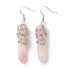 Natural Rose Quartz Bullet with Flower Dangle Earrings EJEW-G300-02P-01-2