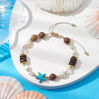 Adjustable Dyed Synthetic Turquoise & Coconut & Wood & Pearl Braided Bead Bracelets BJEW-JB10721-02-1