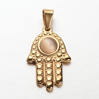 Hamsa Hand/Hand of Fatima/Hand of Miriam 304 Stainless Steel Cat Eye Pendants STAS-P085-11-1