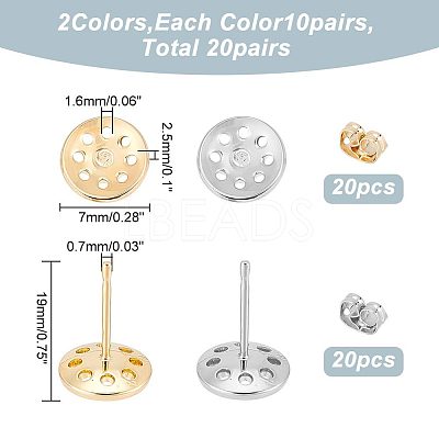 20 Pairs 2 Color Brass Stud Earring Findings KK-BC0010-63-1