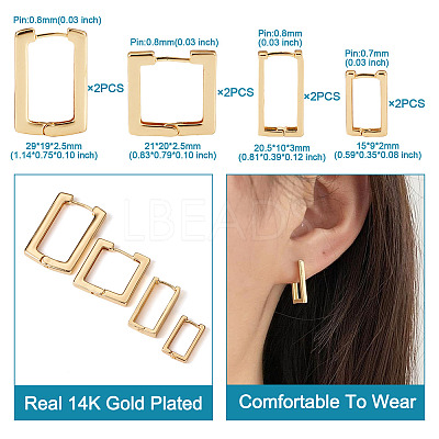 8Pcs 4 Size Brass Rectangle Hoop Earrings for Women EJEW-TA0001-12-1