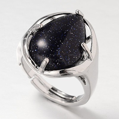 Teardrop Platinum Tone Brass Gemstone Adjustable Wide Band Rings RJEW-L062-02K-1