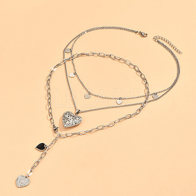 2Pcs Heart Brass Black Enamel Pendant 3 Layer Necklaces for Women FS-WGFF7B3-01-1