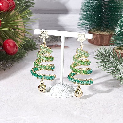 Brass Glass Dangle Stud Earrings EJEW-TA00738-1
