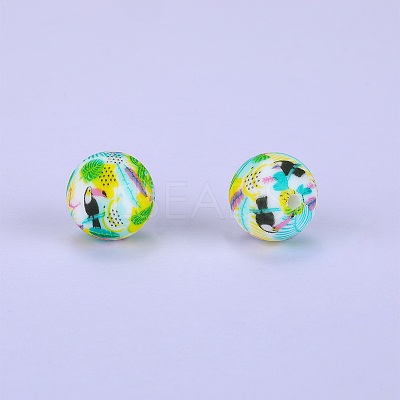 Printed Round with Bird Pattern Silicone Focal Beads SI-JX0056A-175-1