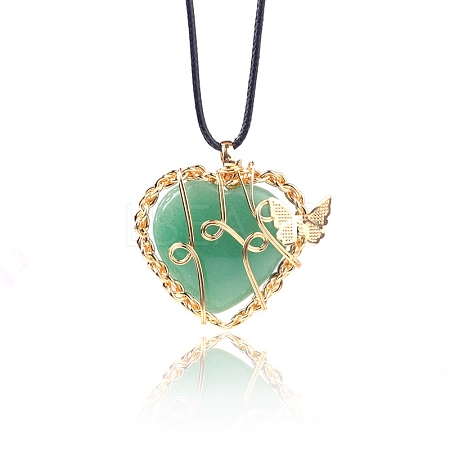 Natural Green Aventurine Metal Wire Wrapped Heart Pendants PW-WG13885-04-1