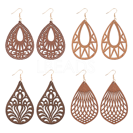 ANATTASOUL 4 Pairs 4 Styles Natural Wood Hollow Out Teardrop Dangle Earrings EJEW-AN0003-55-1