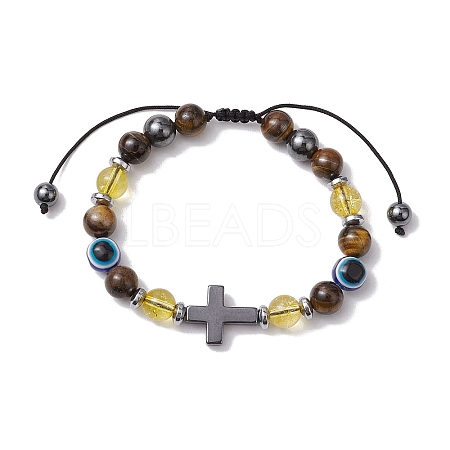 Natural Toger Eye Braided Bead Bracelets for Women Men BJEW-JB11138-02-1