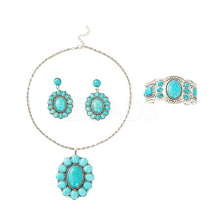 Oval Synthetic Turquoise Stud Earrings & Pendant Necklaces & Cuff Bangles FS-WG87EC0-02-1