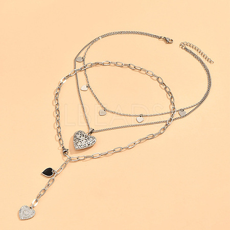2Pcs Heart Brass Black Enamel Pendant 3 Layer Necklaces for Women FS-WGFF7B3-01-1