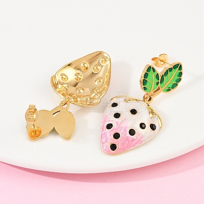 304 Stainless Steel Enamel Strawberry Dangle Stud Earrings EJEW-A138-10G-02-1