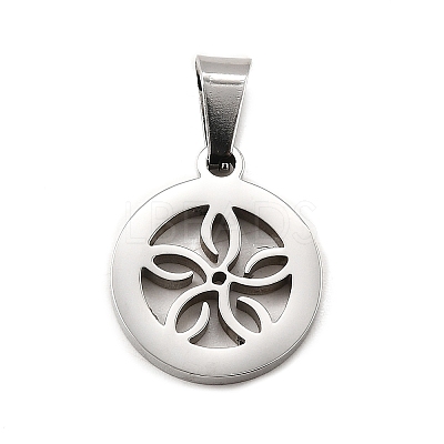 Flat Round with Flower 304 Stainless Steel Pendants STAS-M121-03P-1