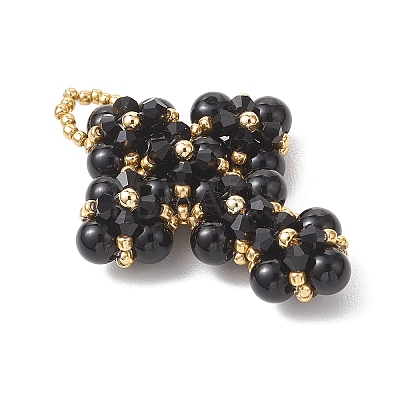 Natural Black Onyx Round Beads & Glass Seed Beaded Cross Pendants PALLOY-MZ01151-02-1