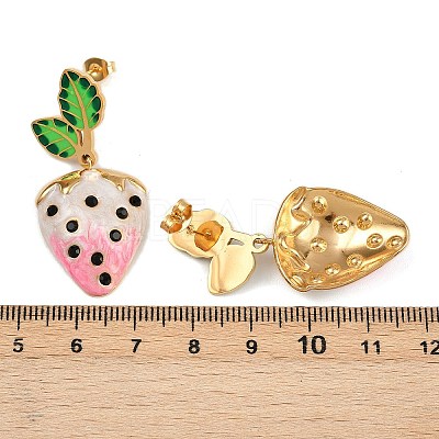 304 Stainless Steel Enamel Strawberry Dangle Stud Earrings EJEW-A138-10G-02-1