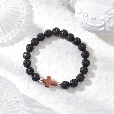 Natural Lava Rock & Synthetic Turquoise Beads Stretch Bracelets for Men Women BJEW-JB12226-02-1
